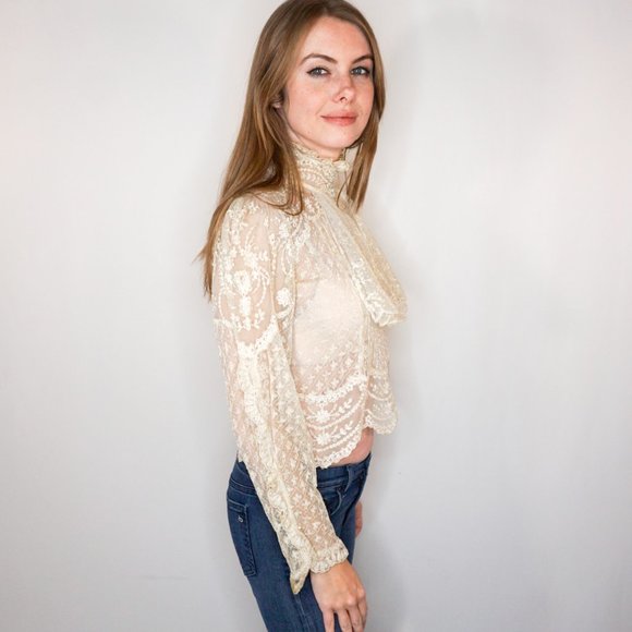 ANTIQUE Ruffle Neck Long-Sleeve Ivory Lace Blouse - Picture 2 of 7